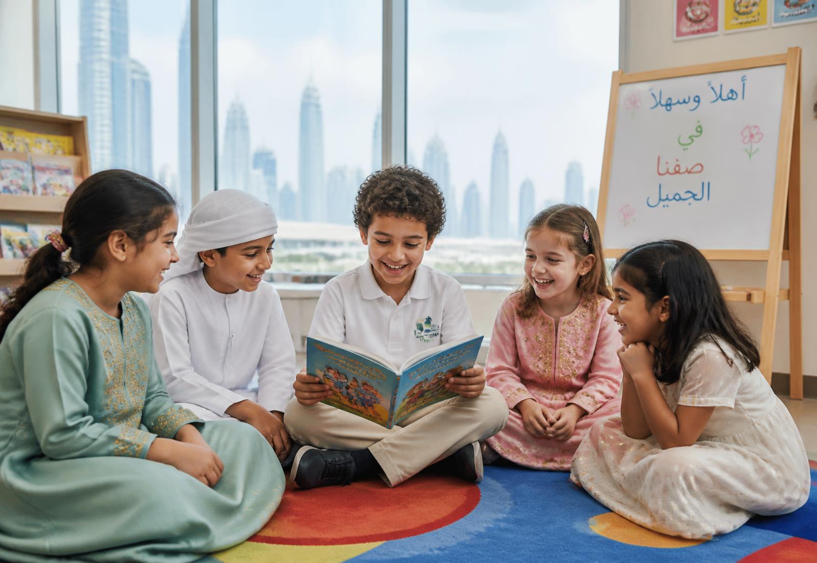 Young multicultural children reading together on a rug in a bright UAE classroom