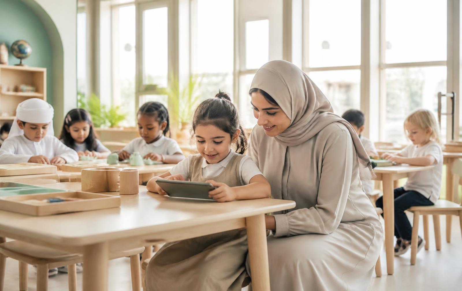 Teacher supporting a young child using a reading app in a bright multicultural UAE classroom
