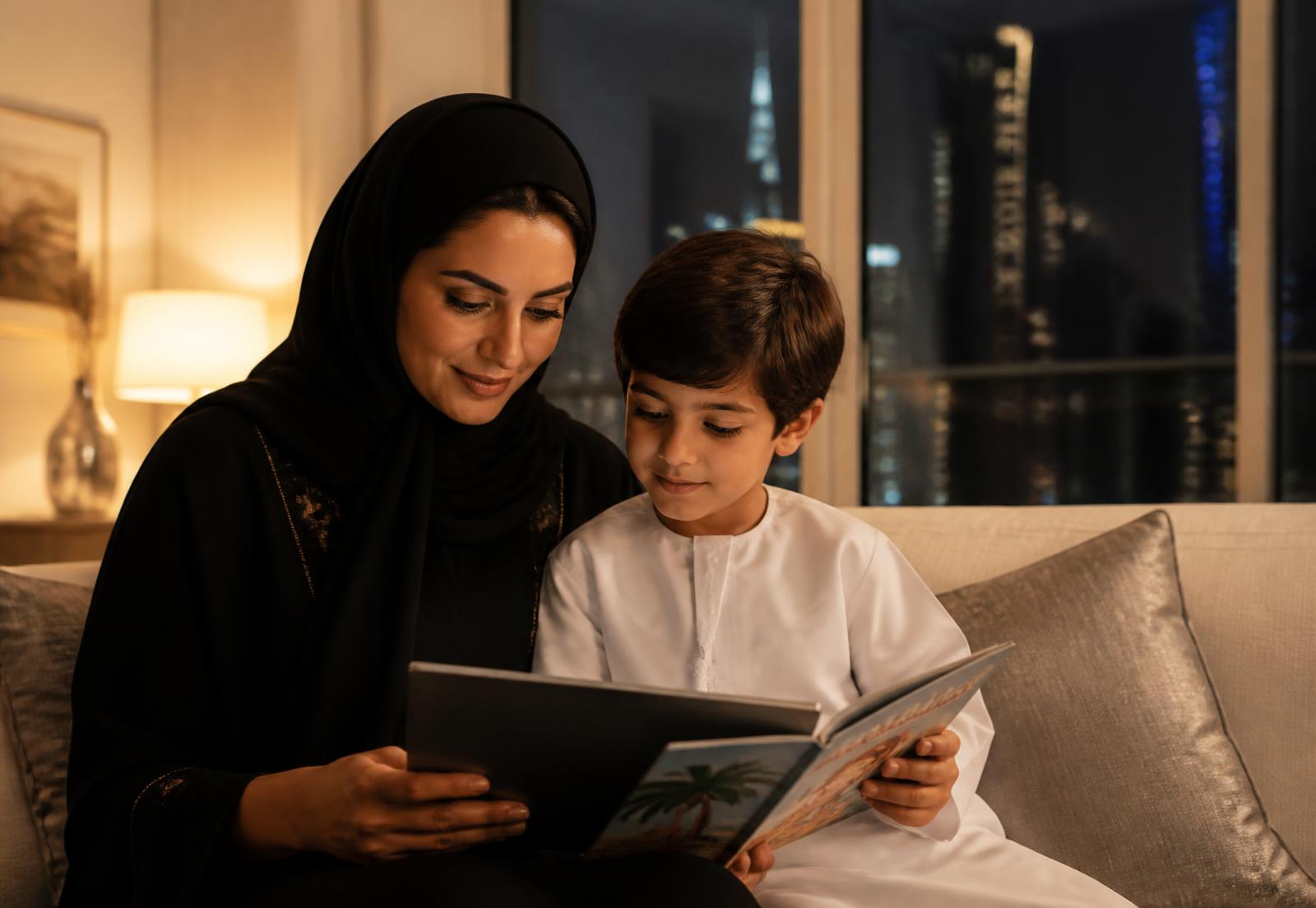 An Emirati mother reading with her son at home in the evening