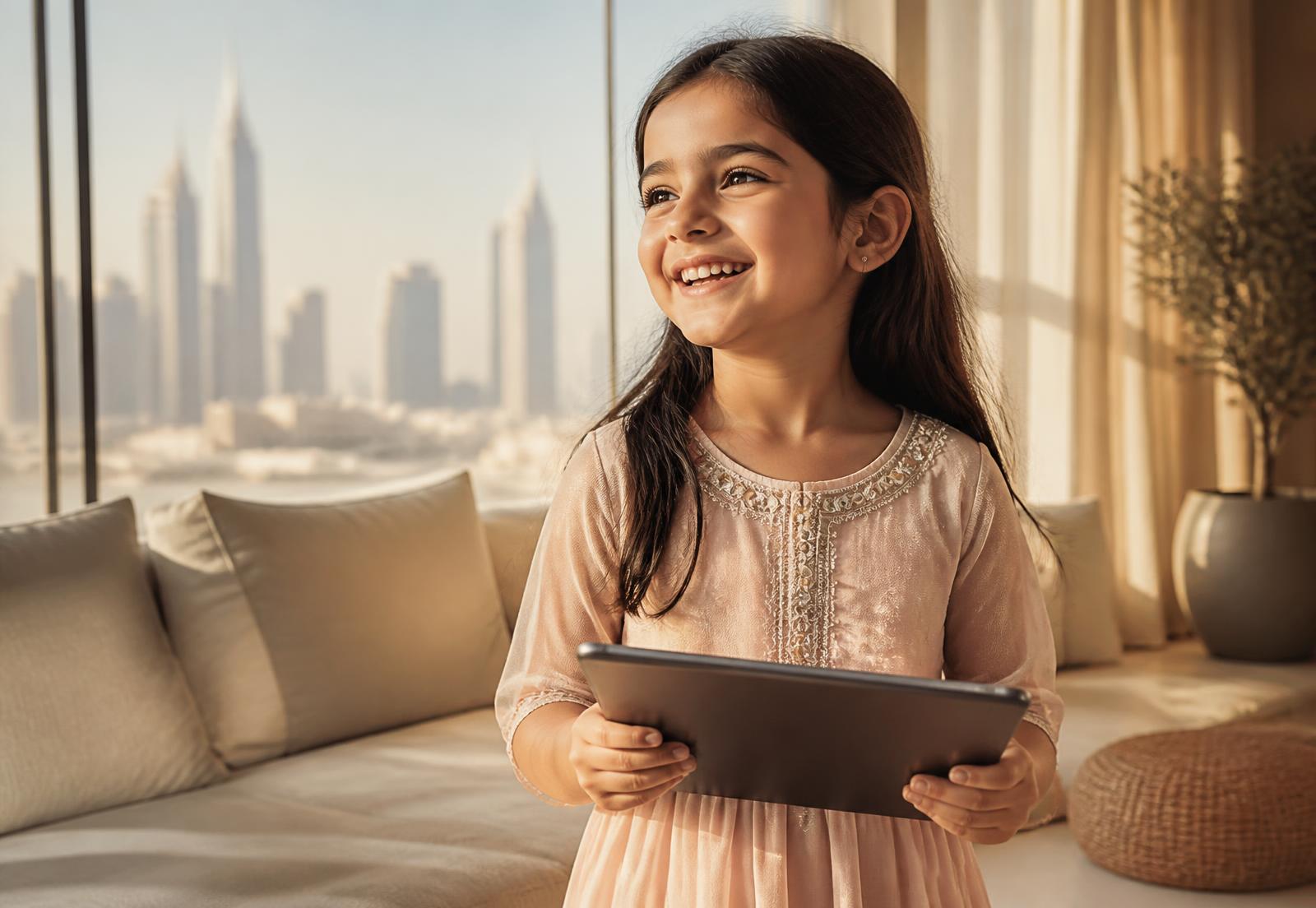 A smiling young girl in Dubai holding a tablet