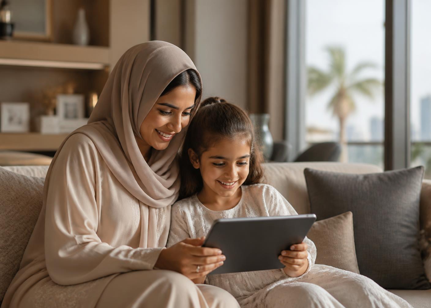A mother and daughter reading together on a tablet at home in Dubai