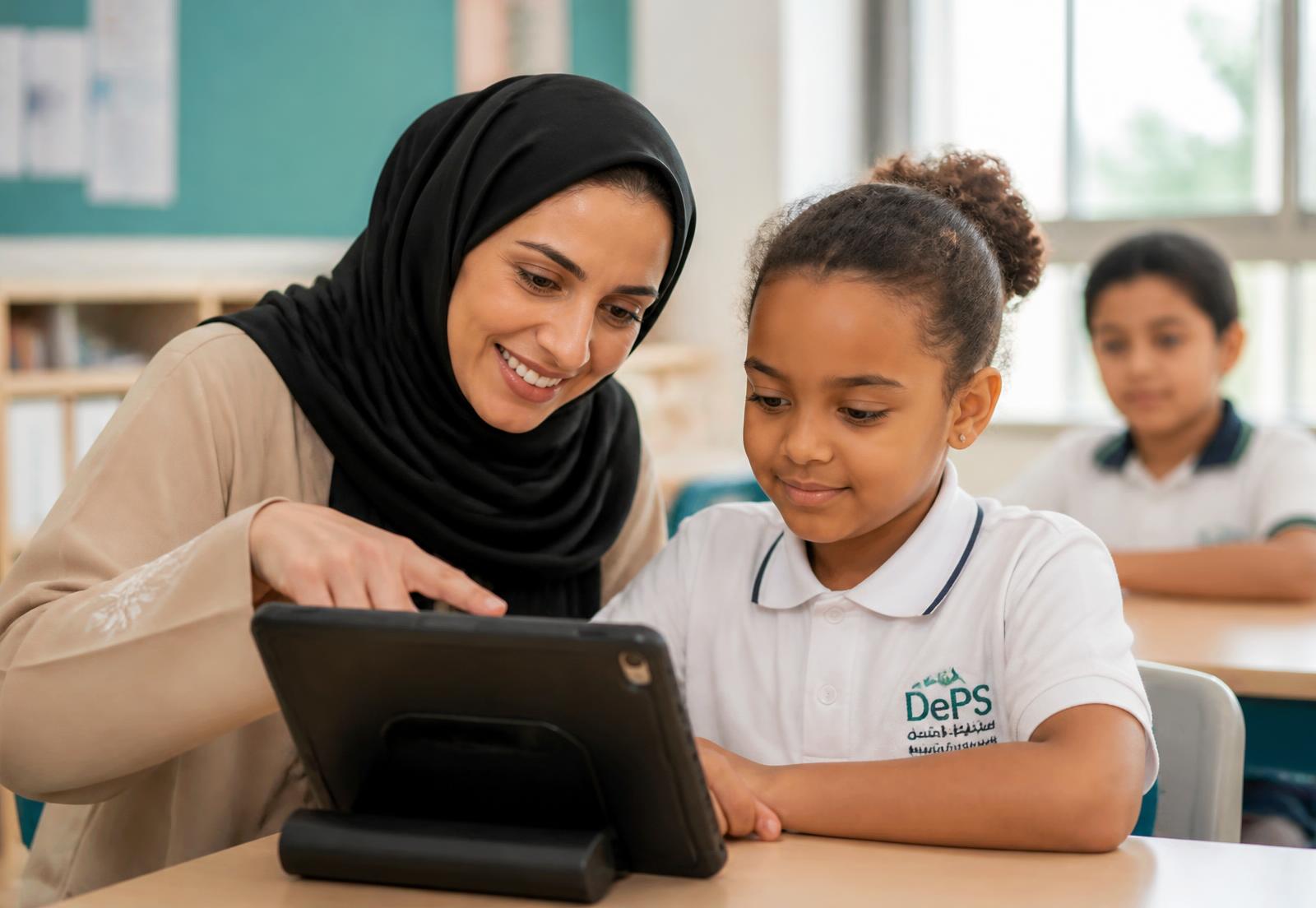 A teacher in a UAE classroom reviewing a reading screening result beside a young student